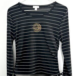 Y2K Celestial Sun Moon Embroidered Crop Top Ribbed Striped Fairycore Sz S